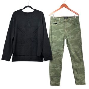 Loved + Adored Sanctuary Sweater Jeans Womens L 31/12‎ Black Green Star Camo Set